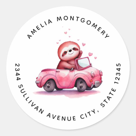 Cute Sloth Driving a Pink Convertible - Address Runder Aufkleber (Vorderseite)
