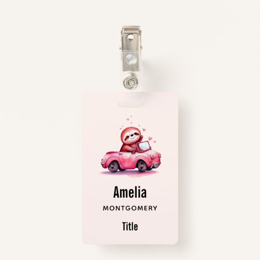 Cute Sloth Driving a Pink Convertible Ausweis (Rückseite mit Klammer)