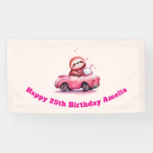 Cute Sloth Driving a Pink Convertible Birthday Banner (Horizontal)