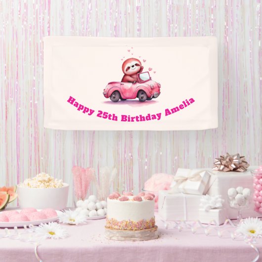 Cute Sloth Driving a Pink Convertible Birthday Banner (Party)
