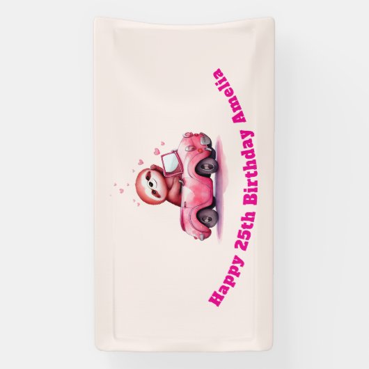 Cute Sloth Driving a Pink Convertible Birthday Banner (Vertikal)