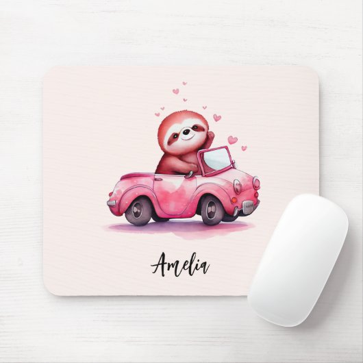 Cute Sloth Driving a Pink Convertible Mousepad (Mit Mouse)