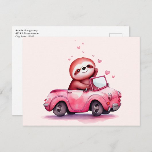 Cute Sloth Driving a Pink Convertible Postkarte (Vorne/Hinten)