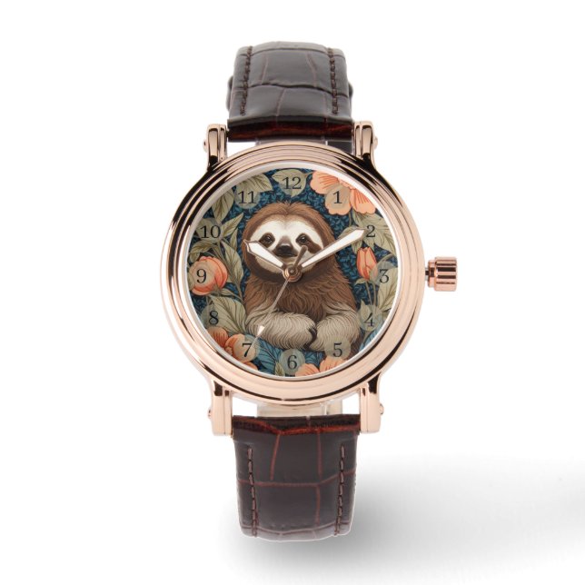 Cute Sloth Elegant Floral William Morris Inspired Armbanduhr (Vorderseite)