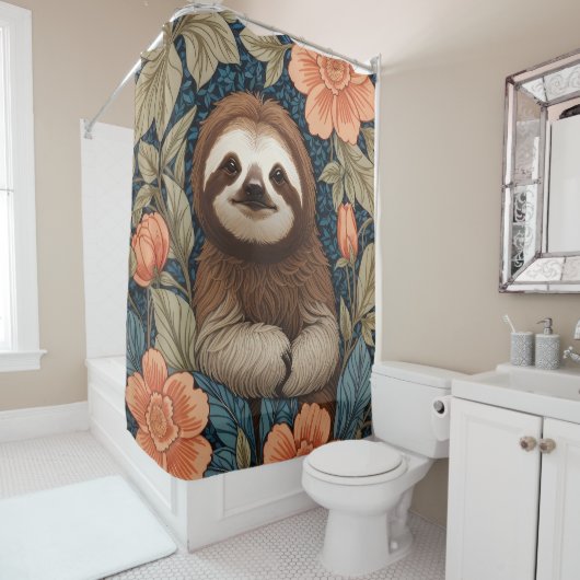 Cute Sloth Elegant Floral William Morris Inspired Duschvorhang (Beispiel)