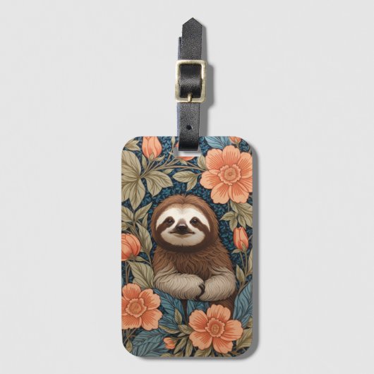 Cute Sloth Elegant Floral William Morris Inspired Gepäckanhänger (Vorderseite Vertikal)