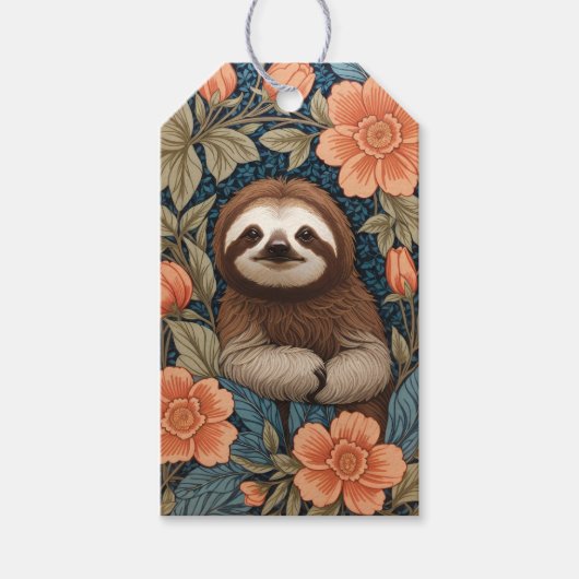 Cute Sloth Elegant Floral William Morris Inspired Geschenkanhänger (Vorderseite)