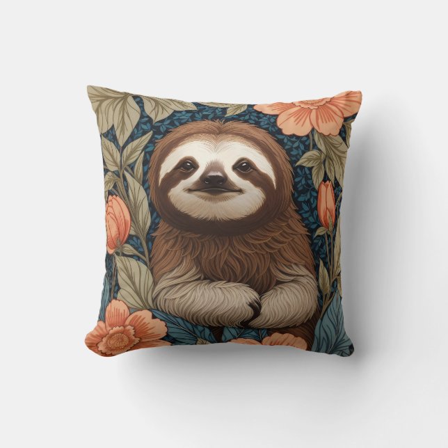 Cute Sloth Elegant Floral William Morris Inspired Kissen (Vorderseite)
