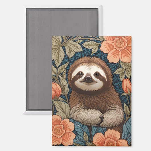 Cute Sloth Elegant Floral William Morris Inspired Magnet (Vorderseite/Rückseite)
