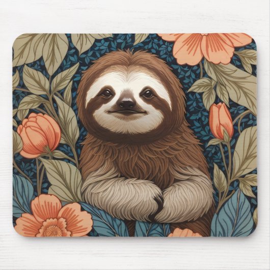 Cute Sloth Elegant Floral William Morris Inspired Mousepad (Vorne)