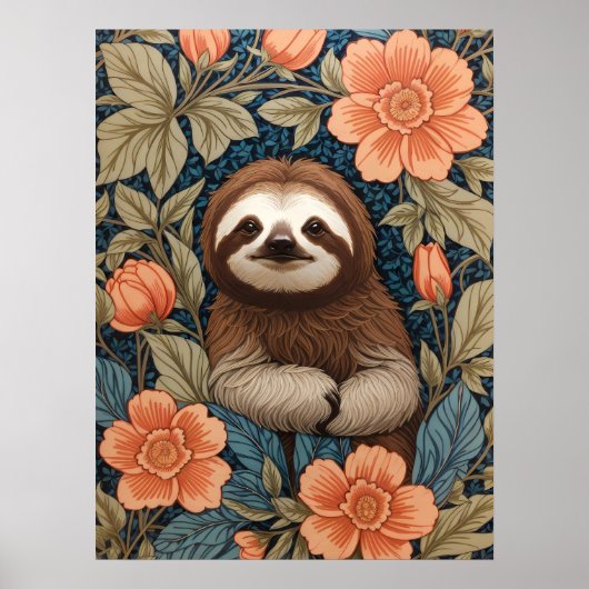 Cute Sloth Elegant Floral William Morris Inspired Poster (Vorne)