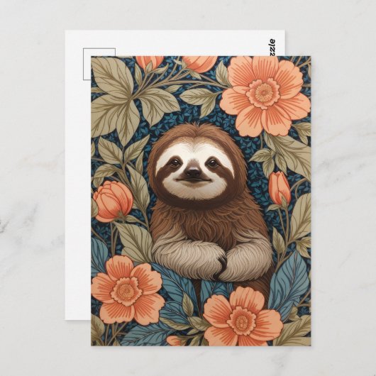 Cute Sloth Elegant Floral William Morris Inspired Postkarte (Vorne/Hinten)