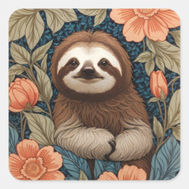 Cute Sloth Elegant Floral William Morris Inspired Quadratischer Aufkleber
