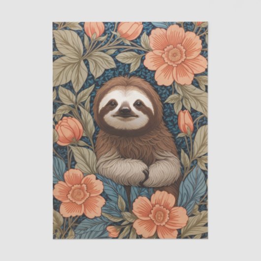 Cute Sloth Elegant Floral William Morris Inspired Seidenpapier (Vorderseite)