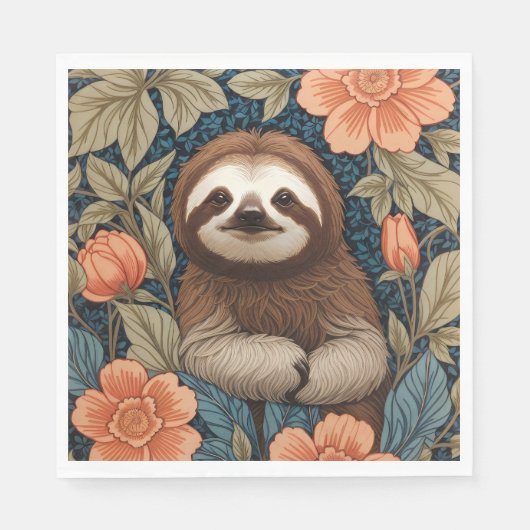 Cute Sloth Elegant Floral William Morris Inspired Serviette (Vorderseite)