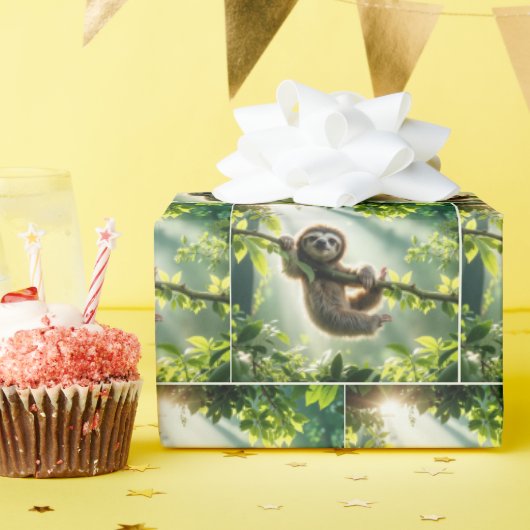 Cute Sloth Hanging From a Branch In Sunbeams Geschenkpapier (Geburtstagsparty)