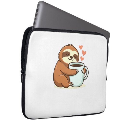 Cute Sloth Hugging Big Coffee Cup Premium T-Shirt Laptopschutzhülle (Vorne Rechts)