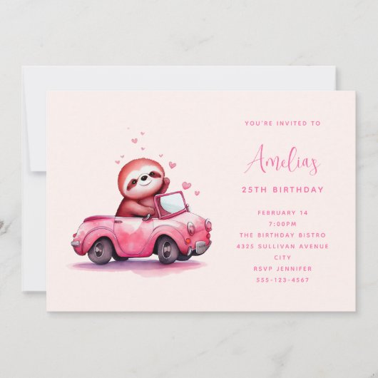 Cute Sloth in a Pink Convertible  Birthday Einladung (Vorderseite)