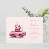 Cute Sloth in a Pink Convertible  Birthday Einladung (Stehend Vorderseite)