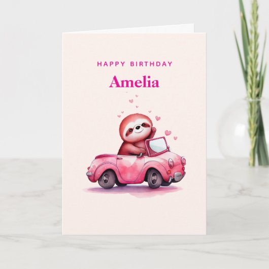 Cute Sloth in a Pink Convertible Birthday Karte (Vorderseite)
