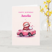 Cute Sloth in a Pink Convertible Birthday Karte (Gelbe Blume)
