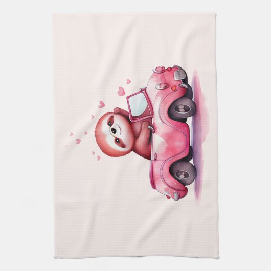 Cute Sloth in a Pink Convertible Geschirrtuch (Vertikal)