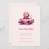 Cute Sloth in a Pink Convertible Save The Date (Vorne/Hinten)