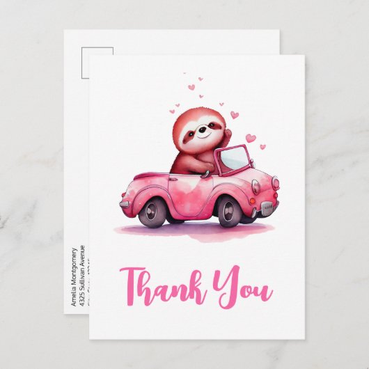 Cute Sloth in a Pink Convertible Thank You Postkarte (Vorne/Hinten)