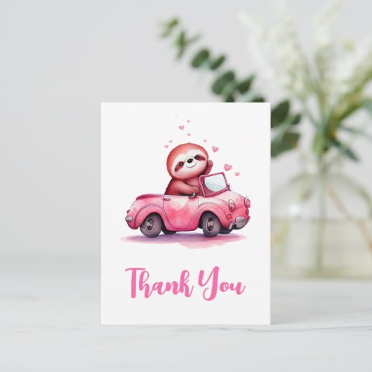 Cute Sloth in a Pink Convertible Thank You Postkarte (Stehend Vorderseite)