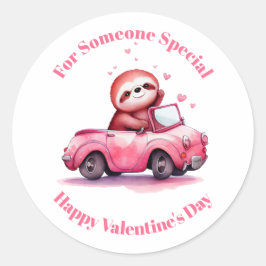 Cute Sloth in a Pink Convertible Valentine's Day Runder Aufkleber
