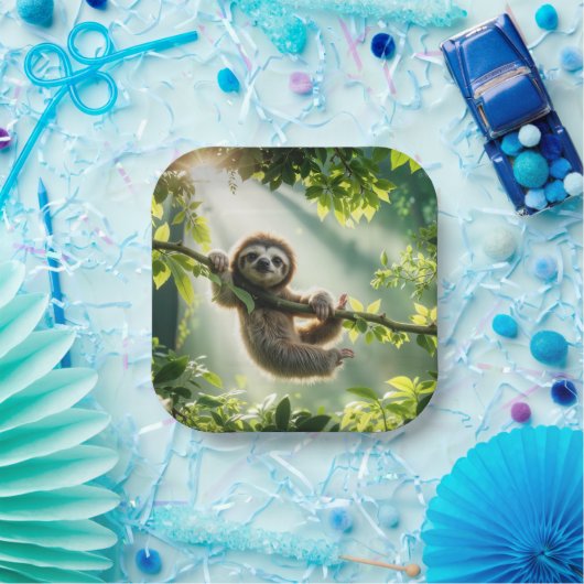 Cute Sloth In Backlit By Sunbeams Pappteller (Party)