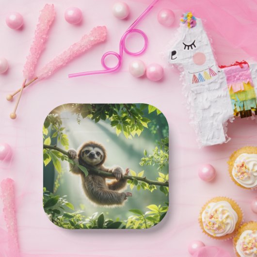 Cute Sloth In Backlit By Sunbeams Pappteller (Party)