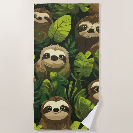 Cute Sloth Jungle Pattern – Green Leaf Design Strandtuch (Vorderseite)