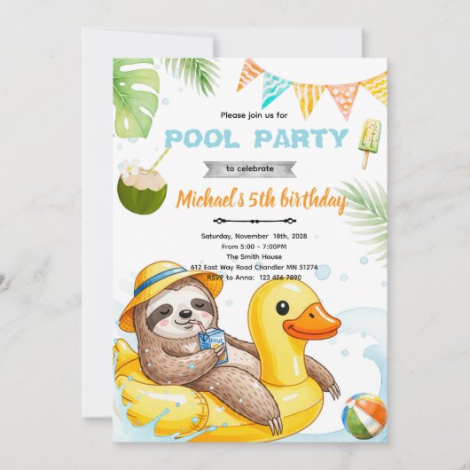 Cute sloth pool theme invitation einladung (Vorderseite)
