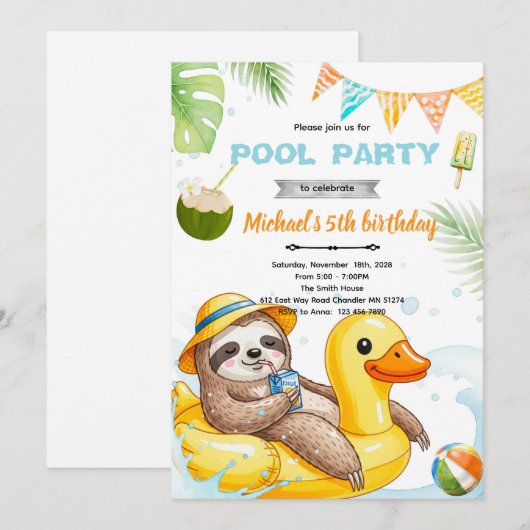 Cute sloth pool theme invitation einladung (Vorne/Hinten)