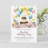 Cute Smiley Balloons & Cake Custom Birthday  Einladung (Stehend Vorderseite)