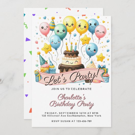 Cute Smiley Balloons & Cake Custom Birthday  Einladung (Vorne/Hinten)