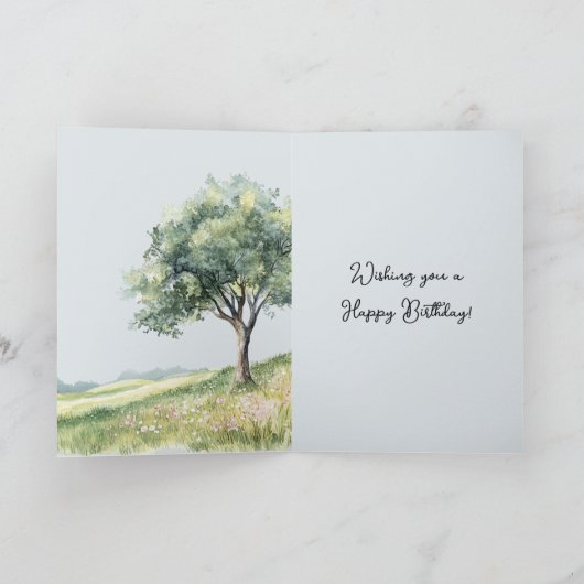 Cute Smiling Fox Field of Flowers Tree Birthday Karte (Innenseite)