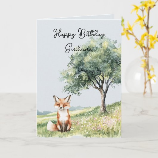 Cute Smiling Fox Field of Flowers Tree Birthday Karte (Gelbe Blume)