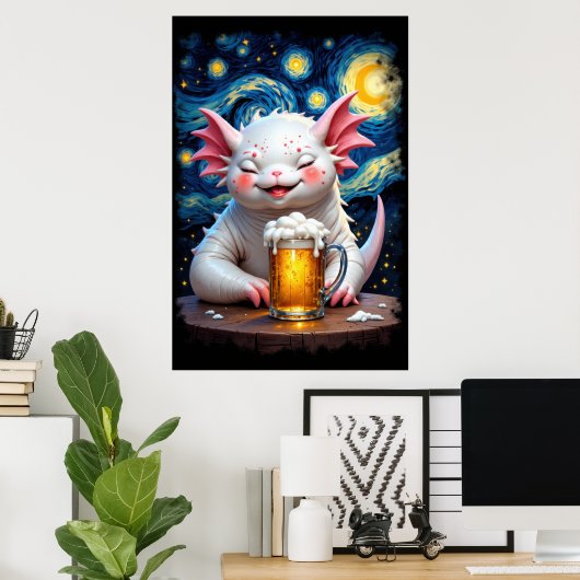 Cute smiling monster with a mug of beer and starry poster (Heimbüro)