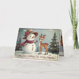 Cute Snowman And Deer Feiertagskarte
