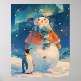 Cute Snowman and Penguin Northern Lights Nursery Poster
