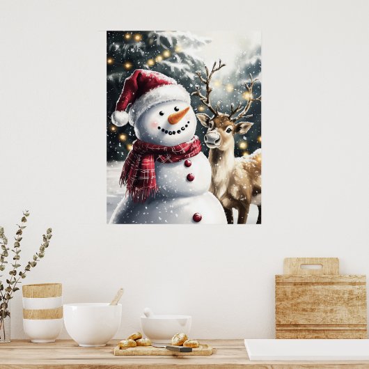 Cute Snowman and Reindeer Christmas Wall Art Poster (Küche)