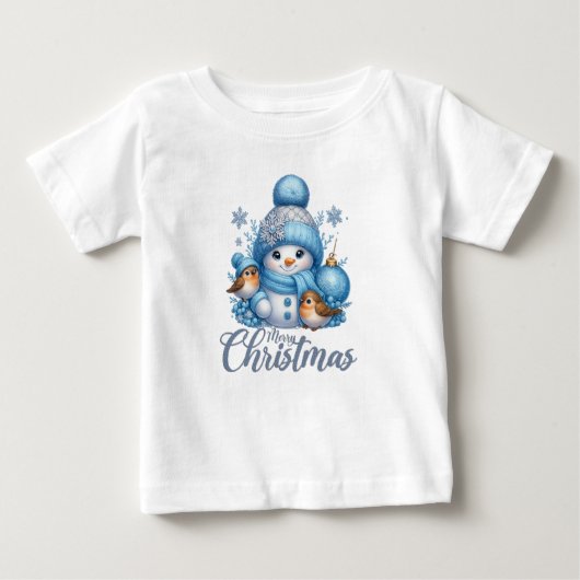 Cute Snowman and Winter Birds Christmas  Baby T-shirt (Vorderseite)
