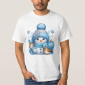 Cute Snowman and Winter Birds Christmas T-Shirt (Vorderseite)