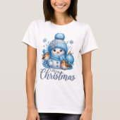 Cute Snowman and Winter Birds Christmas T-Shirt (Vorderseite)