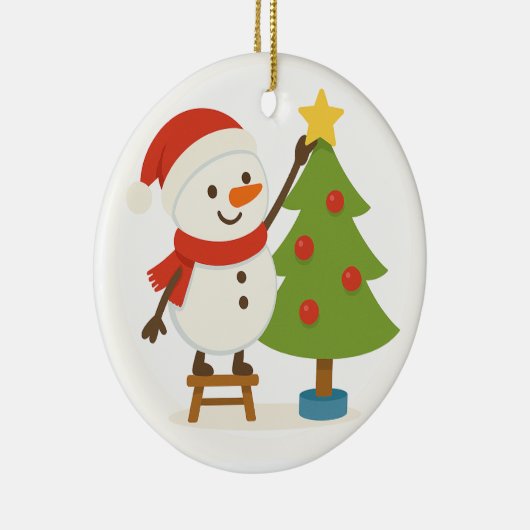 Cute Snowman Decorating Tree Personalized Name Keramik Ornament (Rechts)