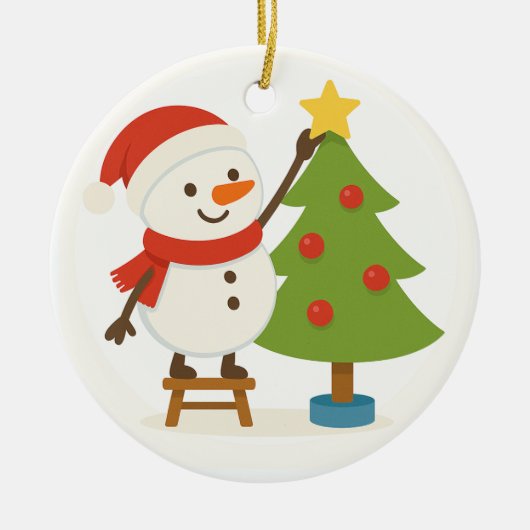Cute Snowman Decorating Tree Personalized Name Keramik Ornament (Vorne)