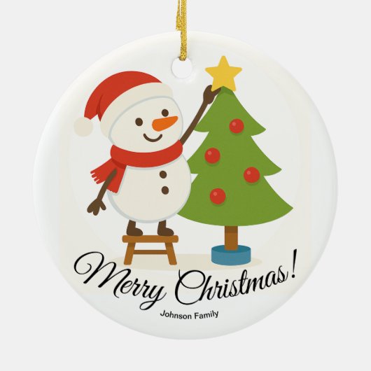 Cute Snowman Decorating Tree Personalized Name Keramik Ornament (Hinten)