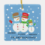 Cute Snowman Family of 3 Christmas Ornament<br><div class="desc">Unsere Familie von 3 Christmas,  Ornament Feature,  Snowman Paar Set,  Snow filled blue Background! Personalize with your information and date and you're all set to go! Wonderful dated keepsake gift for your first christmas and a great addition to you christmas ornament collection.</div>